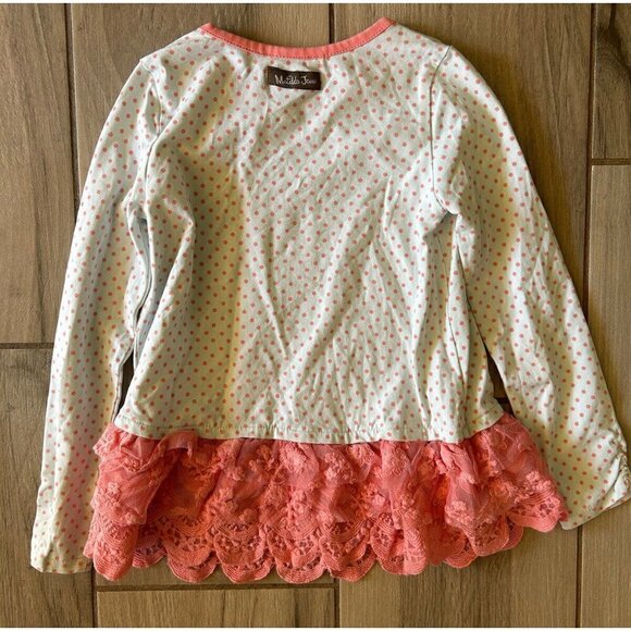 Matilda Jane Girls Polka Dot Long Sleeve Shirt w/ Pink Ruffle Hem Detail Size 4 - Picture 3 of 3